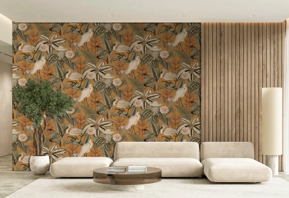 Mosható vinyl fotótapéta barna, fehér és szürke színű levél és darumadár mintával