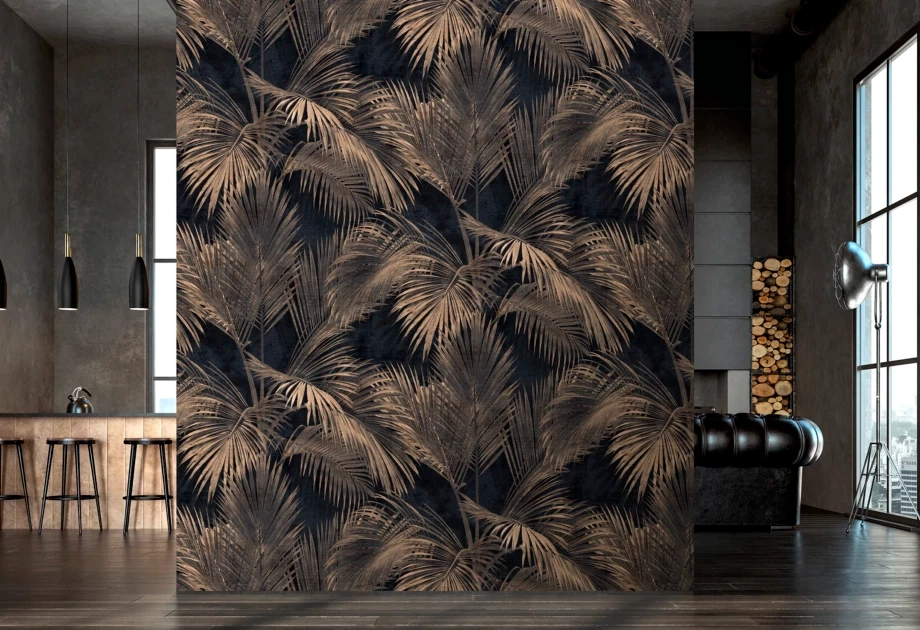 Mosható vinyl fotótapéta barna, fekete színben pálma levél mintával