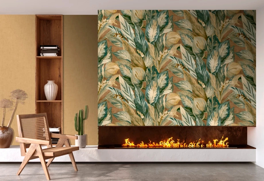 Mosható vinyl fotótapéta barna színben levél és virág mintás elegáns és modern stílusban