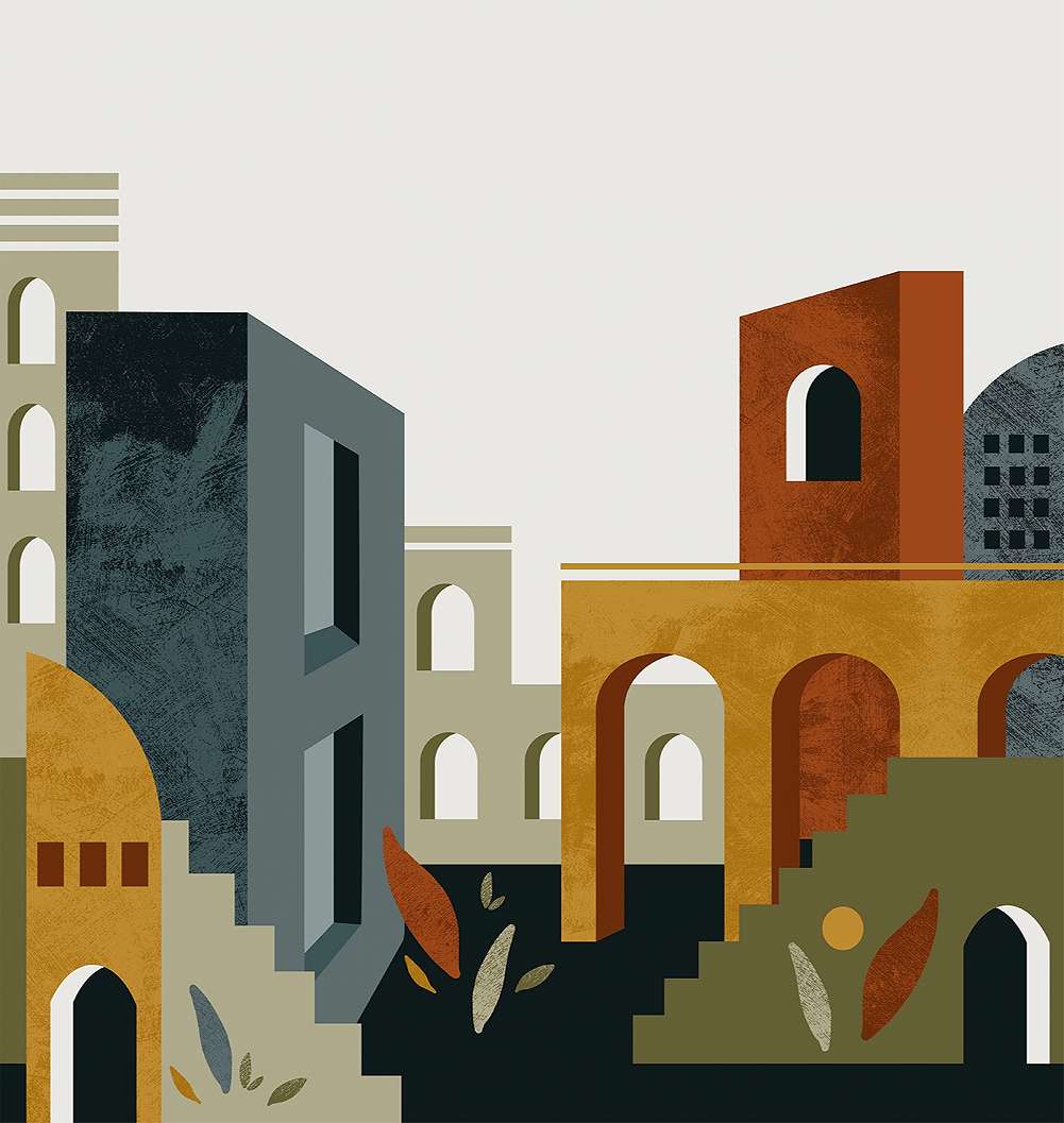 Mosható vinyl fotótapéta barna színben városi tájkép mintával geometrikus modern stílusban