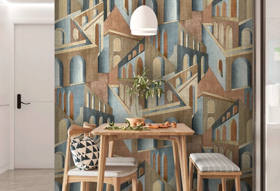 Mosható vinyl fotótapéta barna színű absztrakt épület mintás modern stílusban