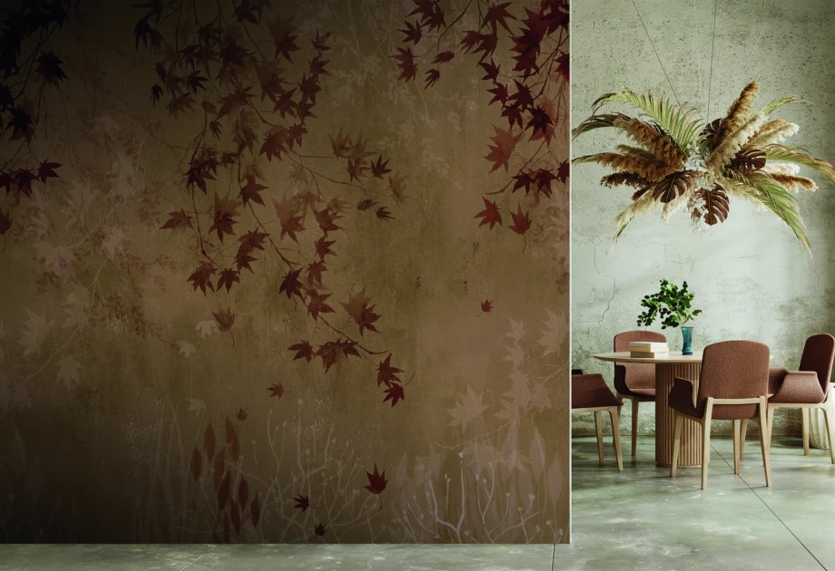 Mosható vinyl fotótapéta barna színű levél mintával