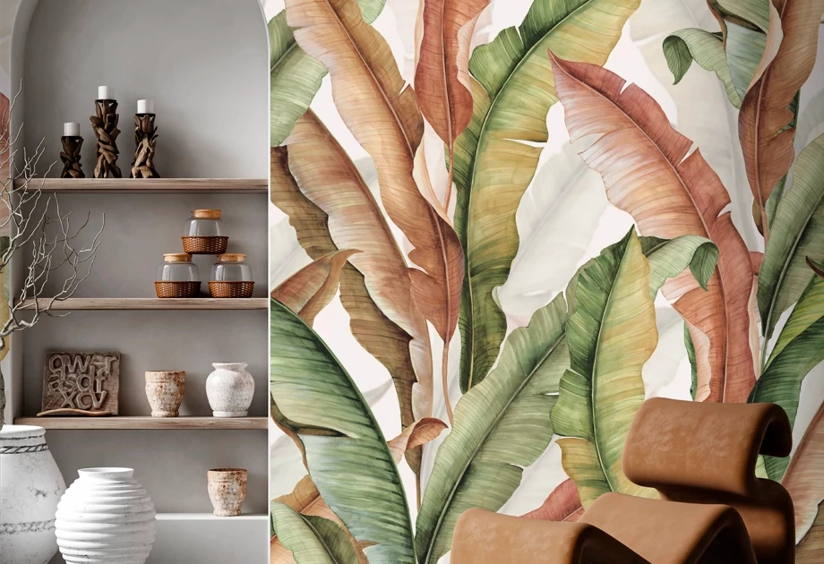 Mosható vinyl fotótapéta barna,zöld színben pálma levél mintával