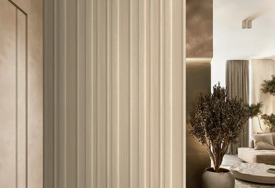 Mosható vinyl fotótapéta beige színű 3D hatású csíkos mintával