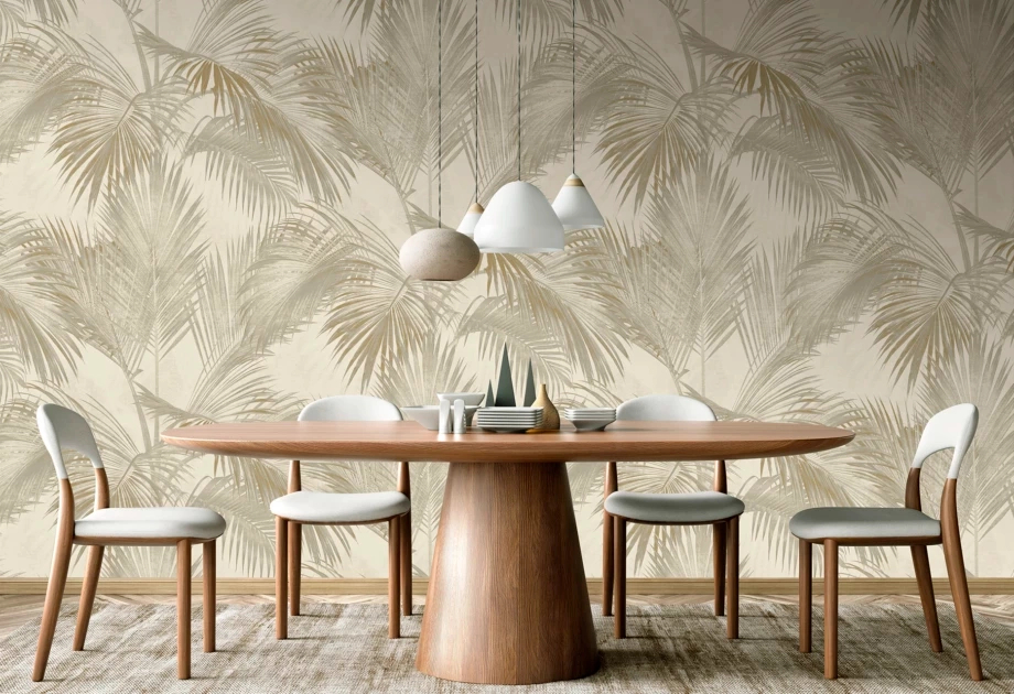 Mosható vinyl fotótapéta bézs színben pálma levél mintával