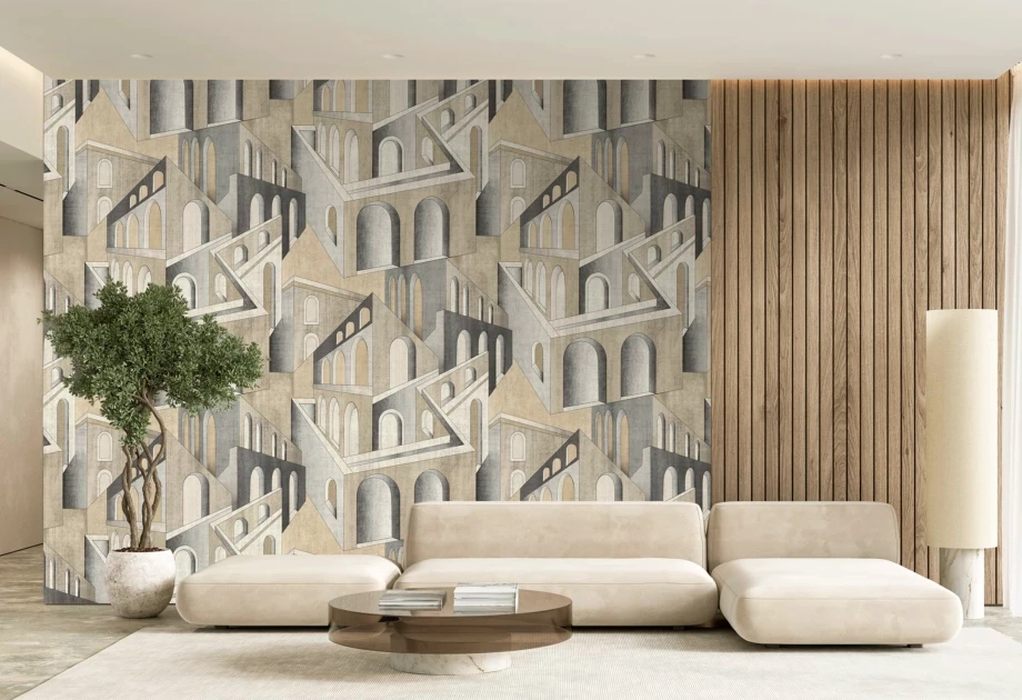 Mosható vinyl fotótapéta bézs színű absztrakt épület mintás modern stílusban