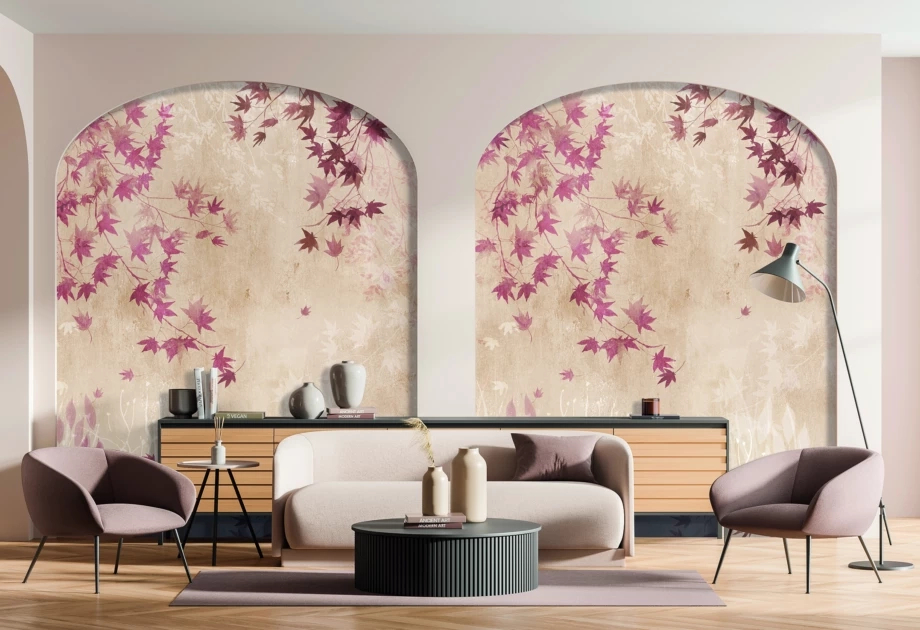 Mosható vinyl fotótapéta bézs színű levél mintával