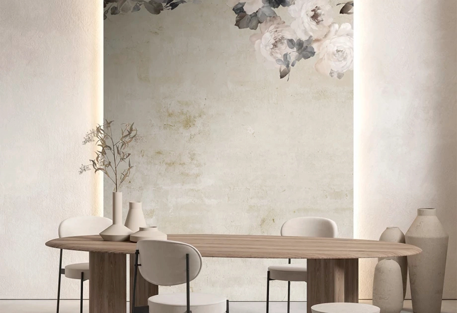 Mosható vinyl fotótapéta bézs színű virág mintával