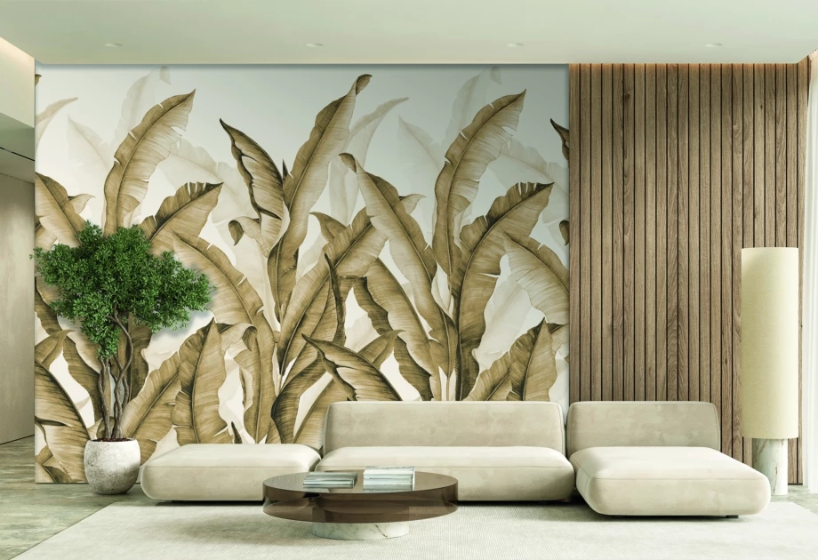 Mosható vinyl fotótapéta bézs színben pálma levél mintával