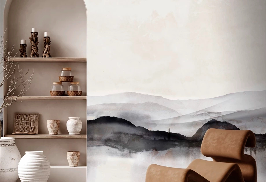 Mosható vinyl fotótapéta fehér és fekete vízfesték foltos hegyvidék mintával
