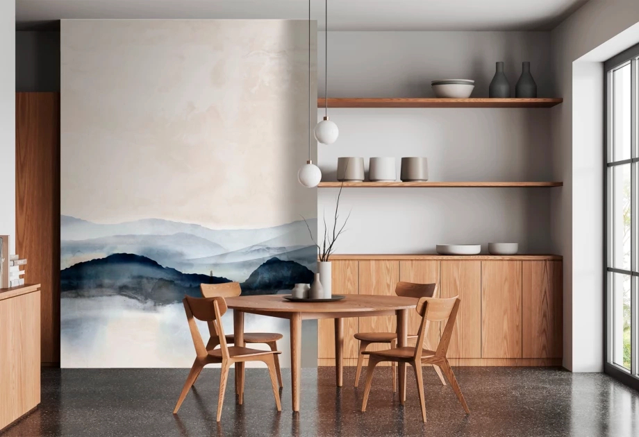 Mosható vinyl fotótapéta fehér és kék vízfesték foltos hegyvidék mintával