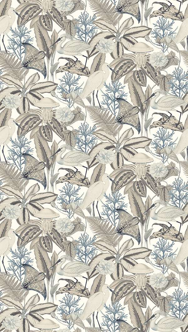 Mosható vinyl fotótapéta fehér és krém színű levél és darumadár mintával