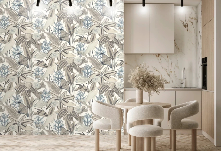 Mosható vinyl fotótapéta fehér és krém színű levél és darumadár mintával