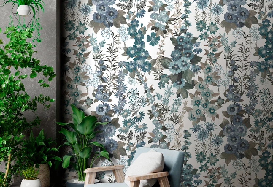 Mosható vinyl fotótapéta fehér, kék virágos mintával