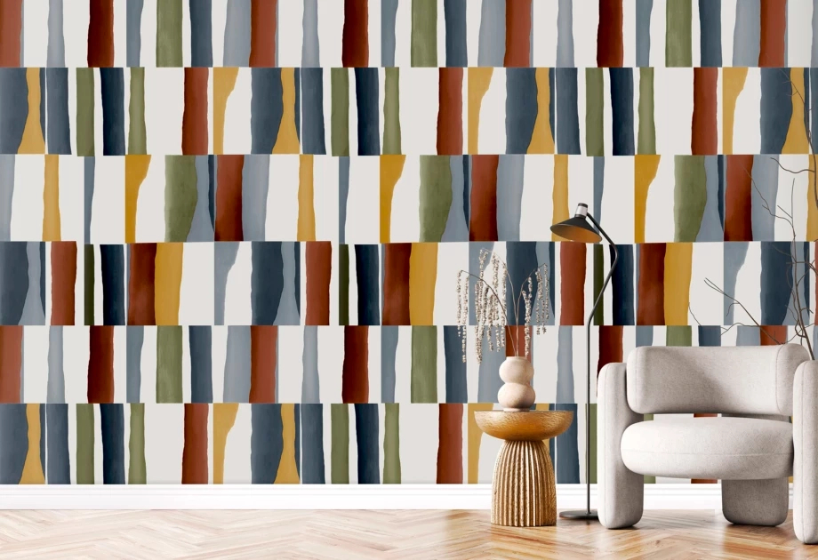 Mosható vinyl fotótapéta fehér, színes vízfesték csíkokkal