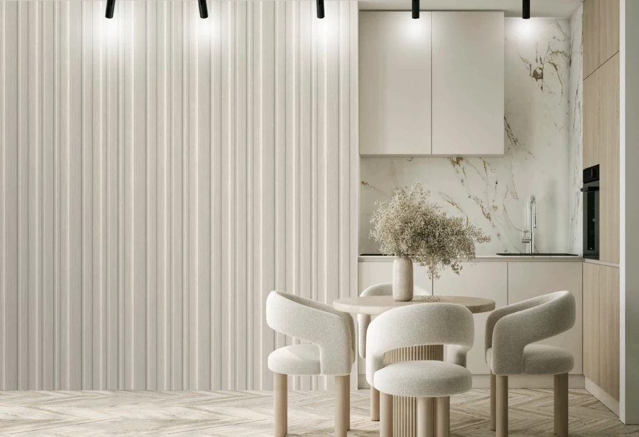 Mosható vinyl fotótapéta fehér színű 3D hatású csíkos mintával