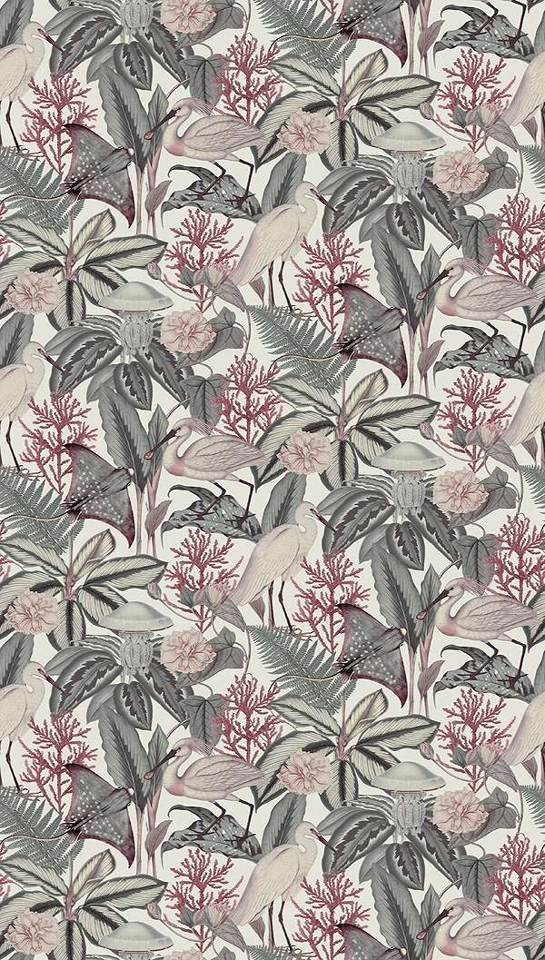 Mosható vinyl fotótapéta fehér, szürke és rózsaszín színű levél és darumadár mintával