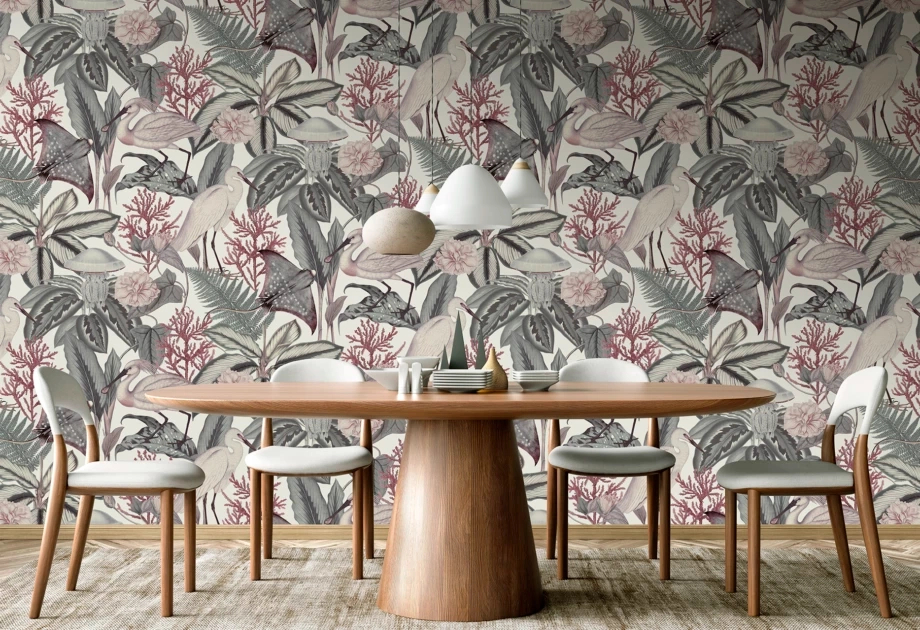 Mosható vinyl fotótapéta fehér, szürke és rózsaszín színű levél és darumadár mintával