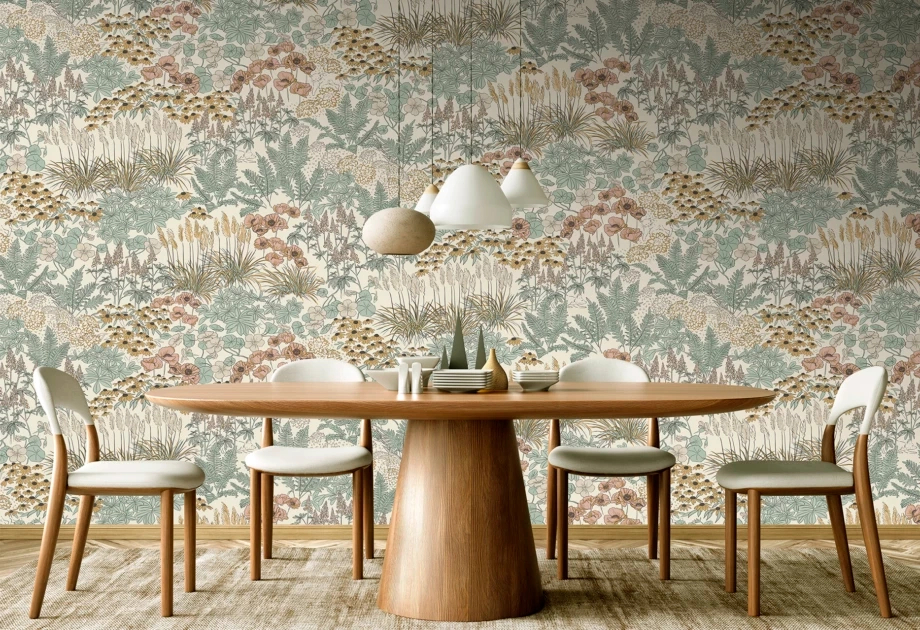 Mosható vinyl fotótapéta fehér, zöld és rózsaszín virágos mező mintával