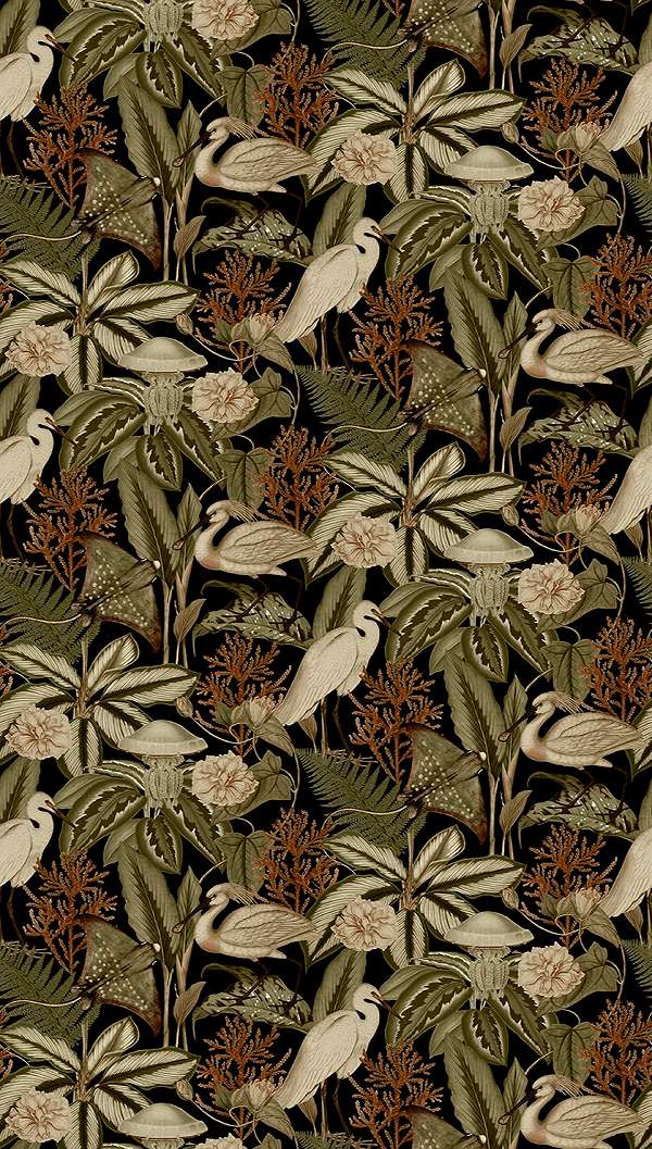 Mosható vinyl fotótapéta fekete és beige színű levél és darumadár mintával