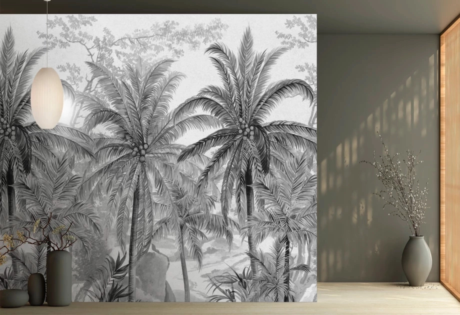 Mosható vinyl fotótapéta fekete, fehér színben trópusi erdő mintával