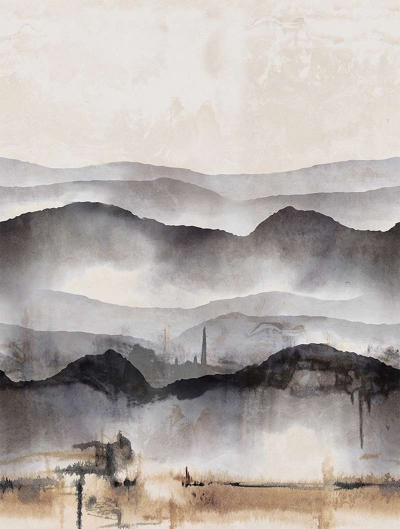 Mosható vinyl fotótapéta fekete színű vízfestékkel festett hegyvidék