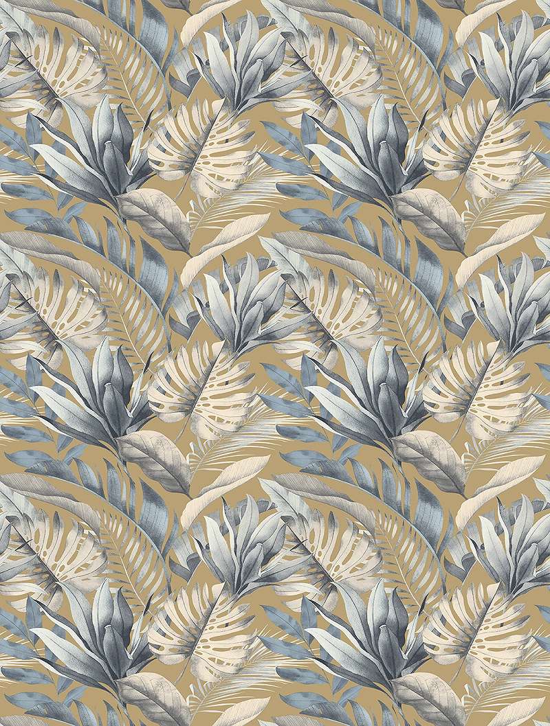 Mosható vinyl fotótapéta homok barna és kék levél mintával