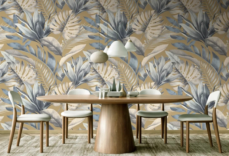 Mosható vinyl fotótapéta homok barna és kék levél mintával