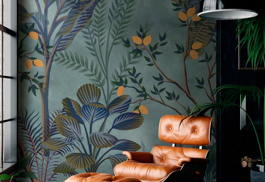 Mosható vinyl fotótapéta kék és szürke színű levél és virág mintás