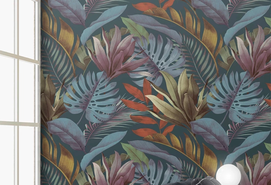 Mosható vinyl fotótapéta kék és zöld levél mintával