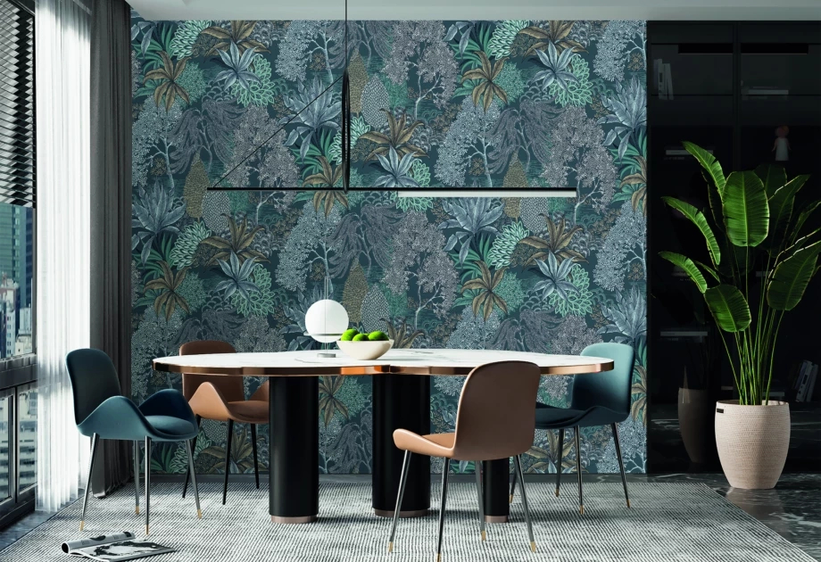 Mosható vinyl fotótapéta kék és zöld levelekkel gyümölcsökkel