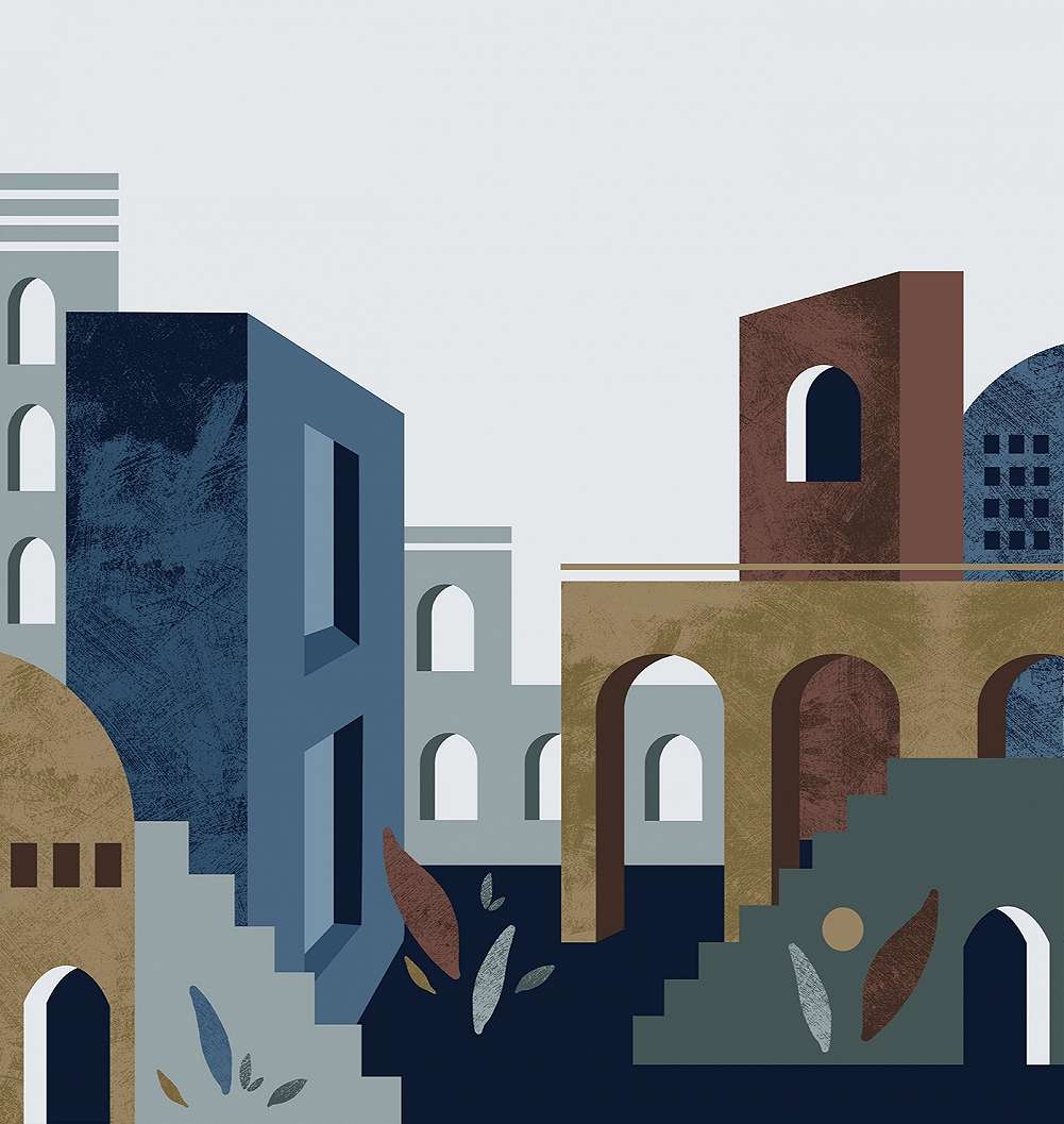 Mosható vinyl fotótapéta kék színben városi tájkép mintával geometrikus modern stílusban