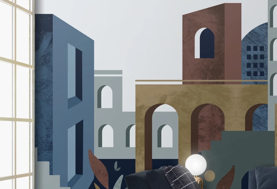 Mosható vinyl fotótapéta kék színben városi tájkép mintával geometrikus modern stílusban