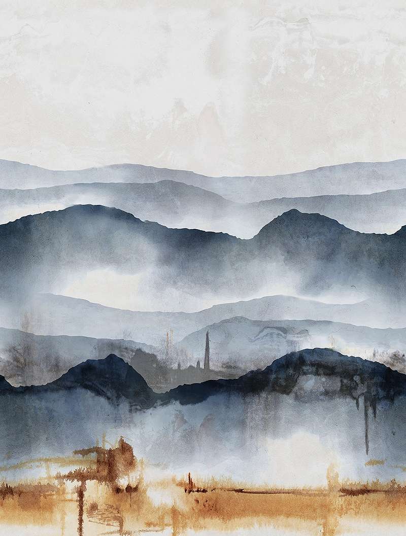 Mosható vinyl fotótapéta kék színű vízfestékkel festett hegyvonulatok