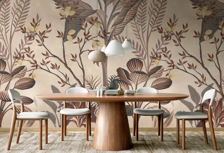 Mosható vinyl fotótapéta krém és beige színű levél és virág mintás