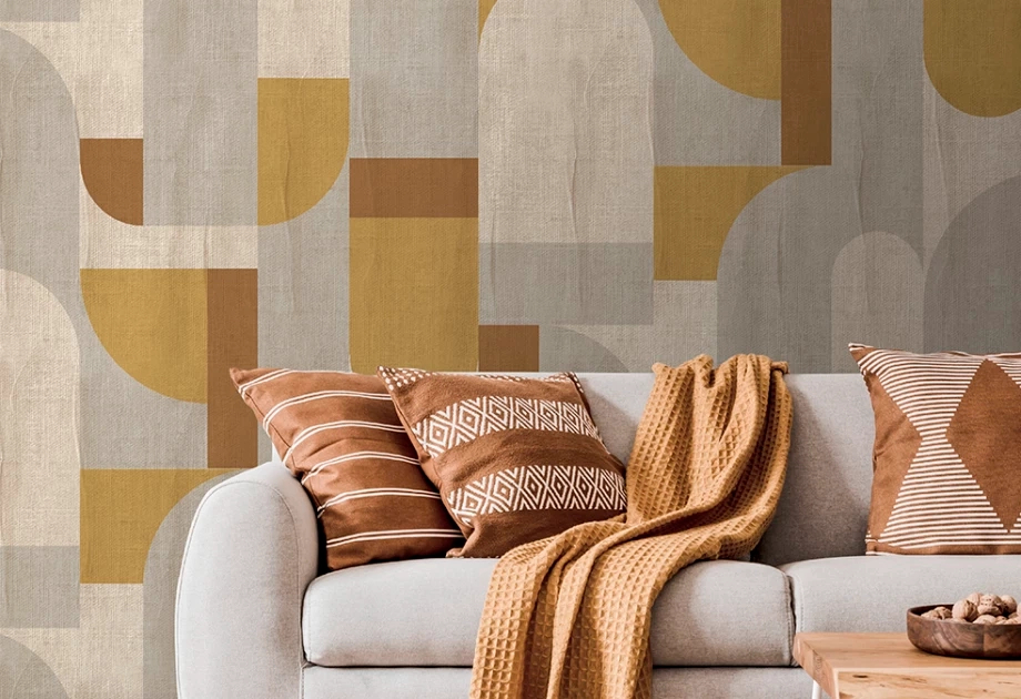 Mosható vinyl fotótapéta krém, mustársárga és világos szürke színű geometriai mintás