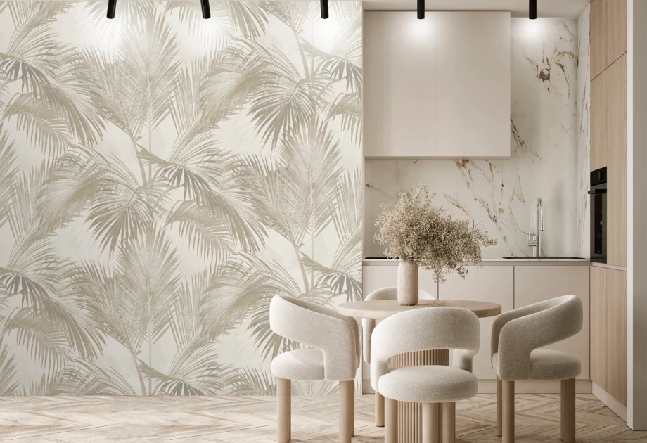 Mosható vinyl fotótapéta krém színben pálma levél mintával