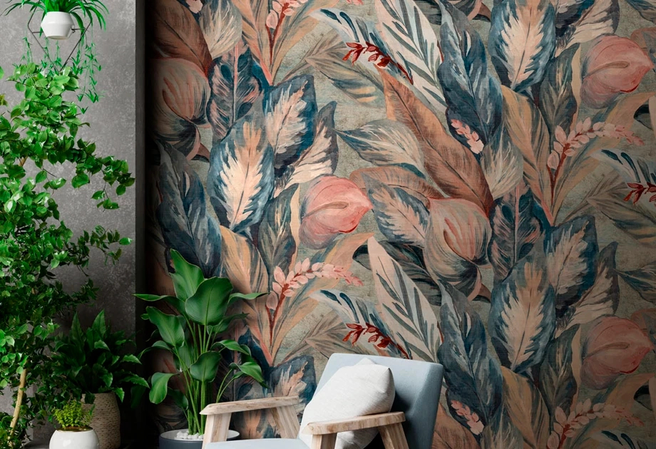 Mosható vinyl fotótapéta rózsaszín színben levél és virág mintás elegáns és modern stílusban