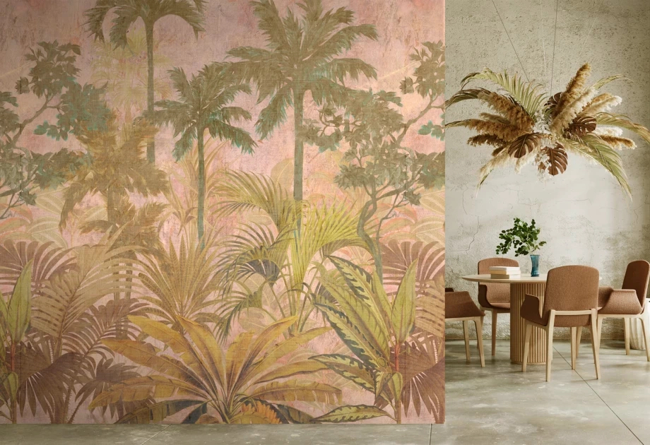 Mosható vinyl fotótapéta rózsaszín trópusi erdő mintával