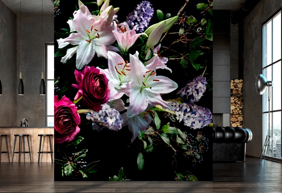 Mosható vinyl fotótapéta színes fotórealisztikus virágcsokor