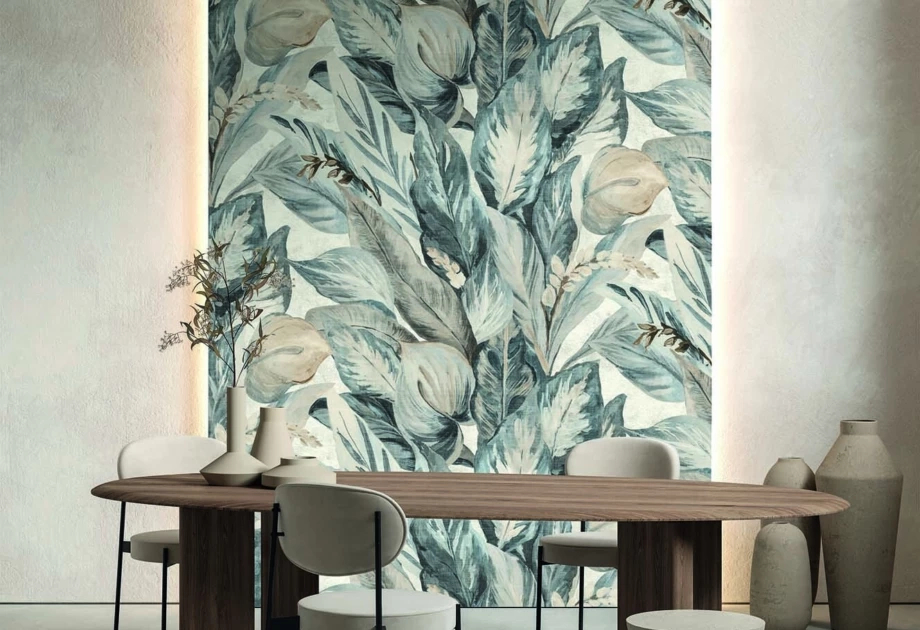 Mosható vinyl fotótapéta szürke színben levél és virág mintás elegáns és modern stílusban