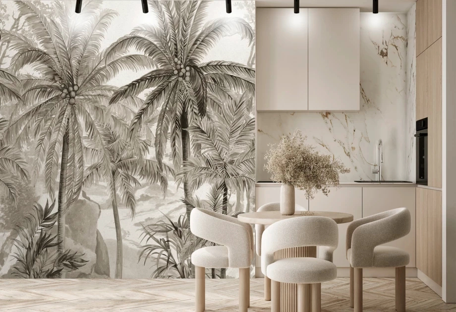 Mosható vinyl fotótapéta szürke színben trópusi erdő mintával