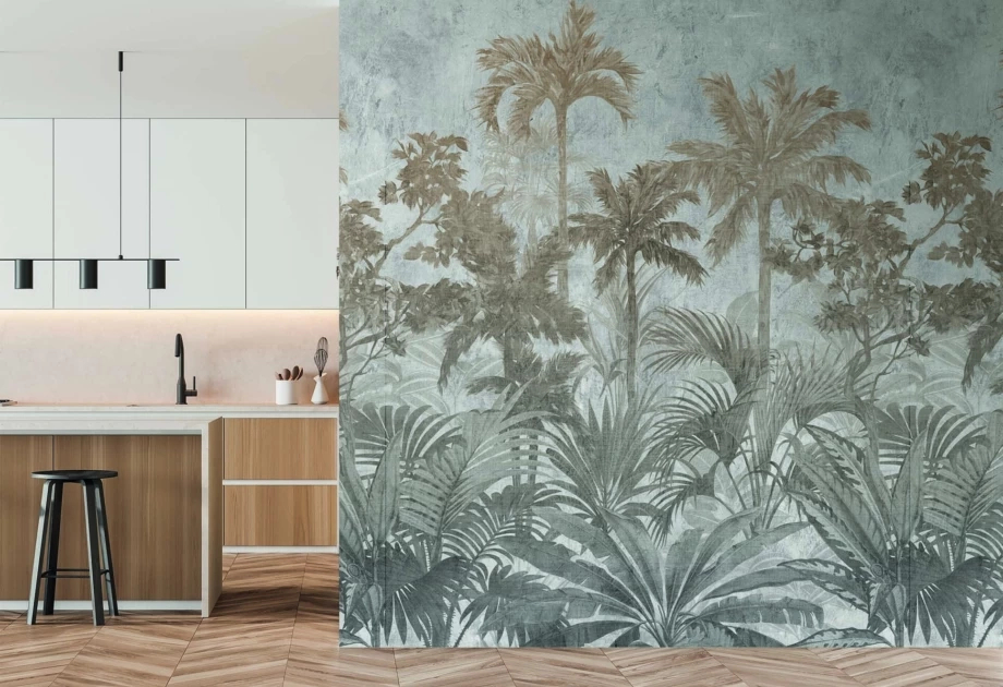 Mosható vinyl fotótapéta szürke trópusi erdő mintával