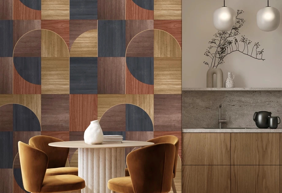 Mosható vinyl fotótapéta terrakotta fa, geometrikus mintával