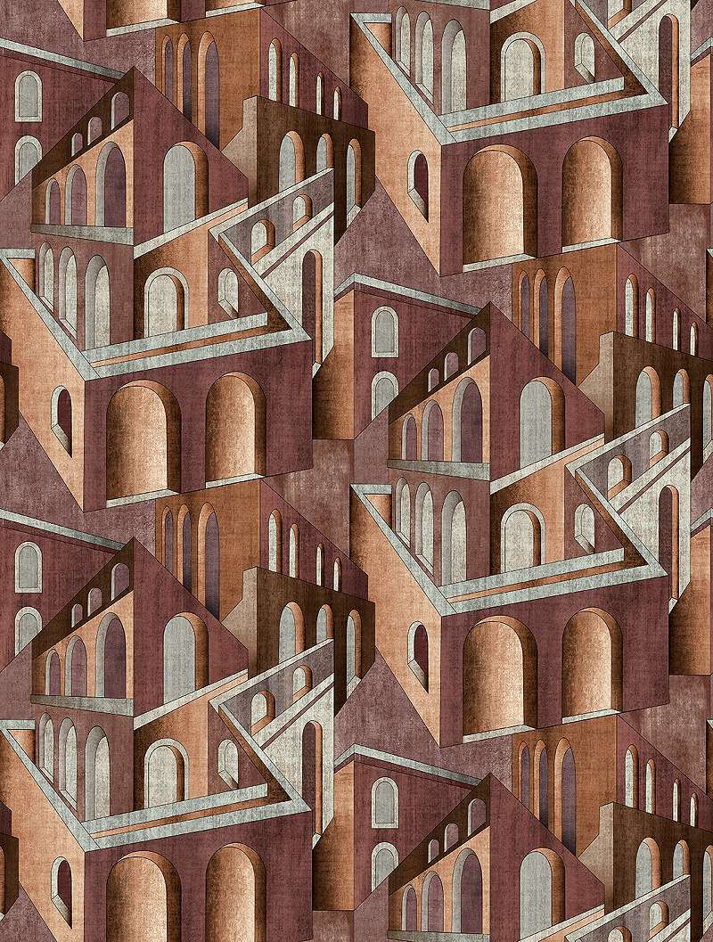 Mosható vinyl fotótapéta terrakotta színű absztrakt épület mintás modern stílusban