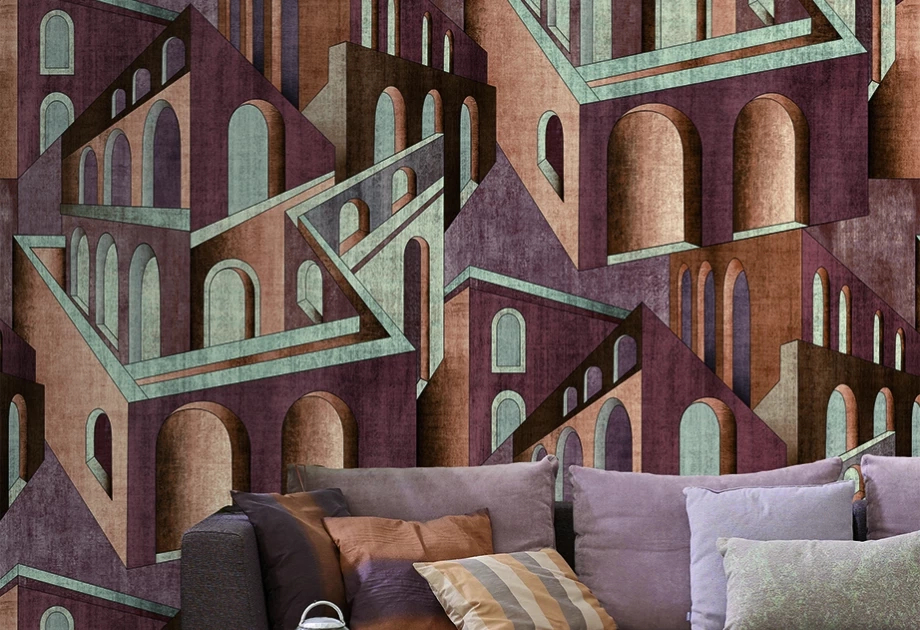 Mosható vinyl fotótapéta terrakotta színű absztrakt épület mintás modern stílusban