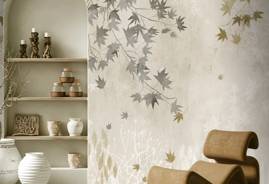 Mosható vinyl fotótapéta tört fehér színű levél mintával