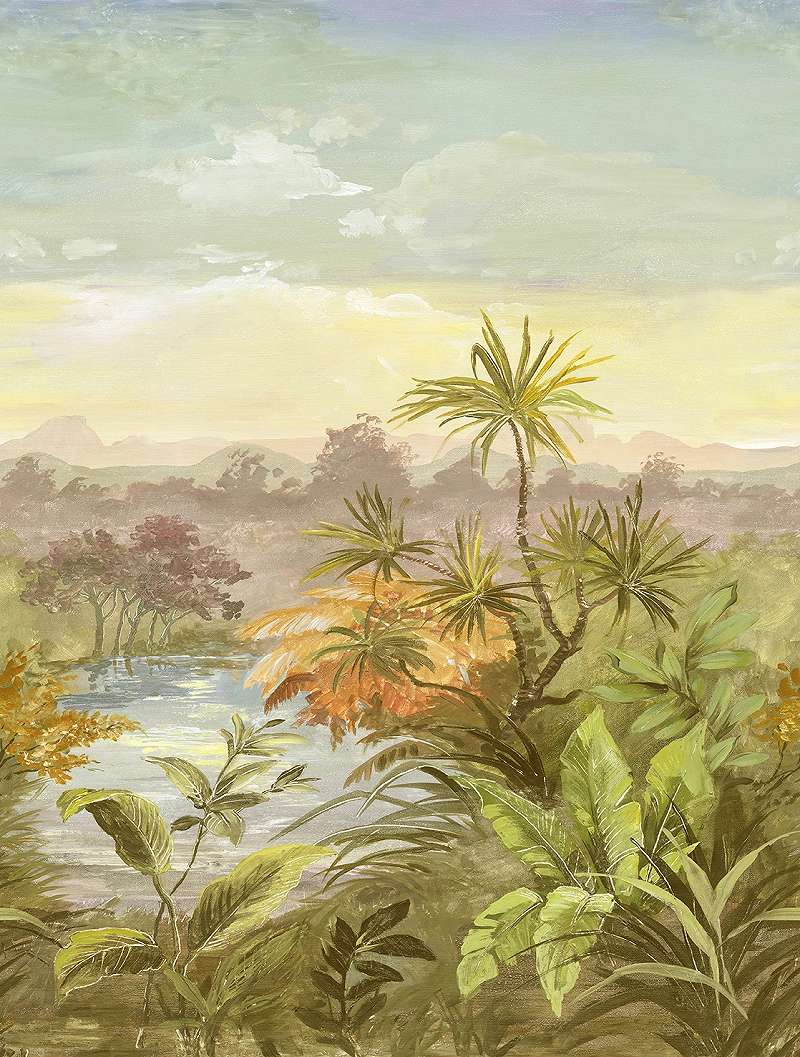 Mosható vinyl fotótapéta trópusi erdő naplemente mintával