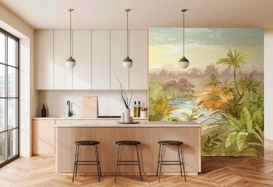 Mosható vinyl fotótapéta trópusi erdő naplemente mintával