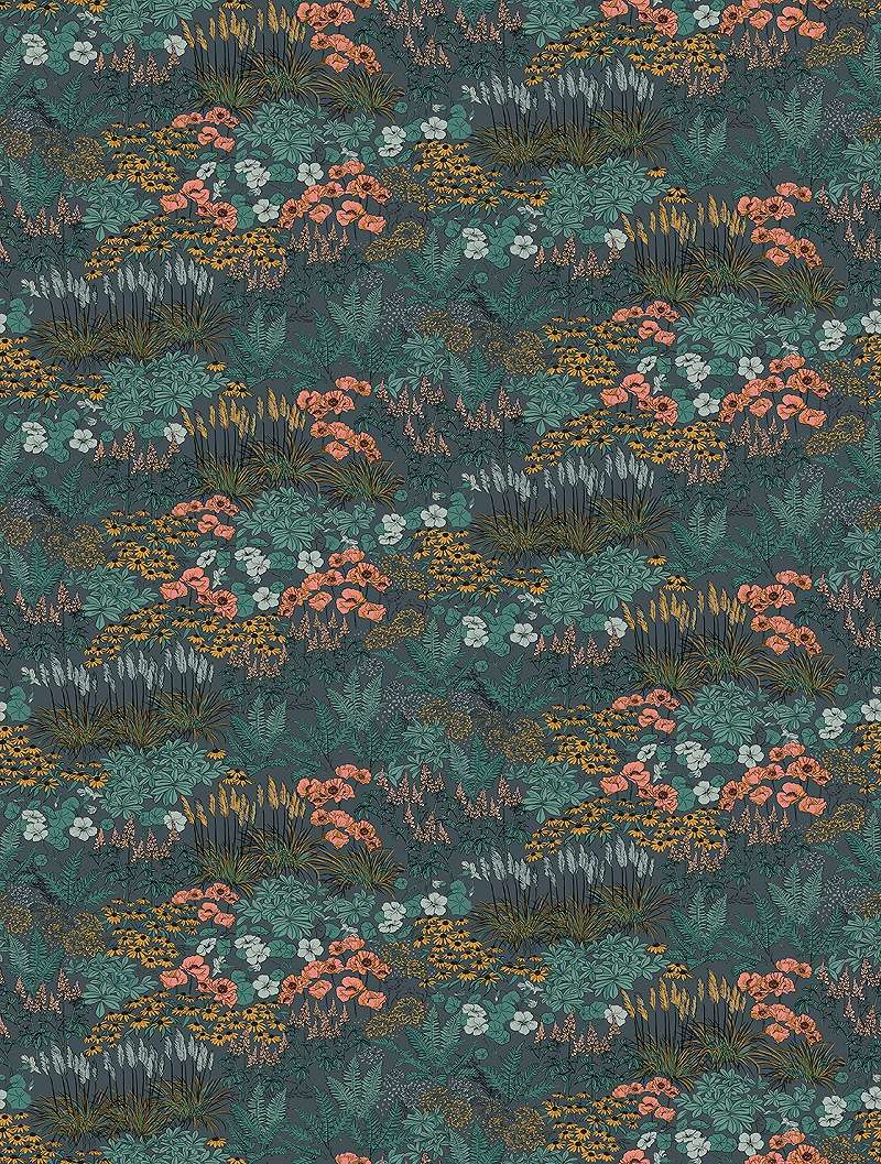 Mosható vinyl fotótapéta türkiz és korall virágos mező mintával